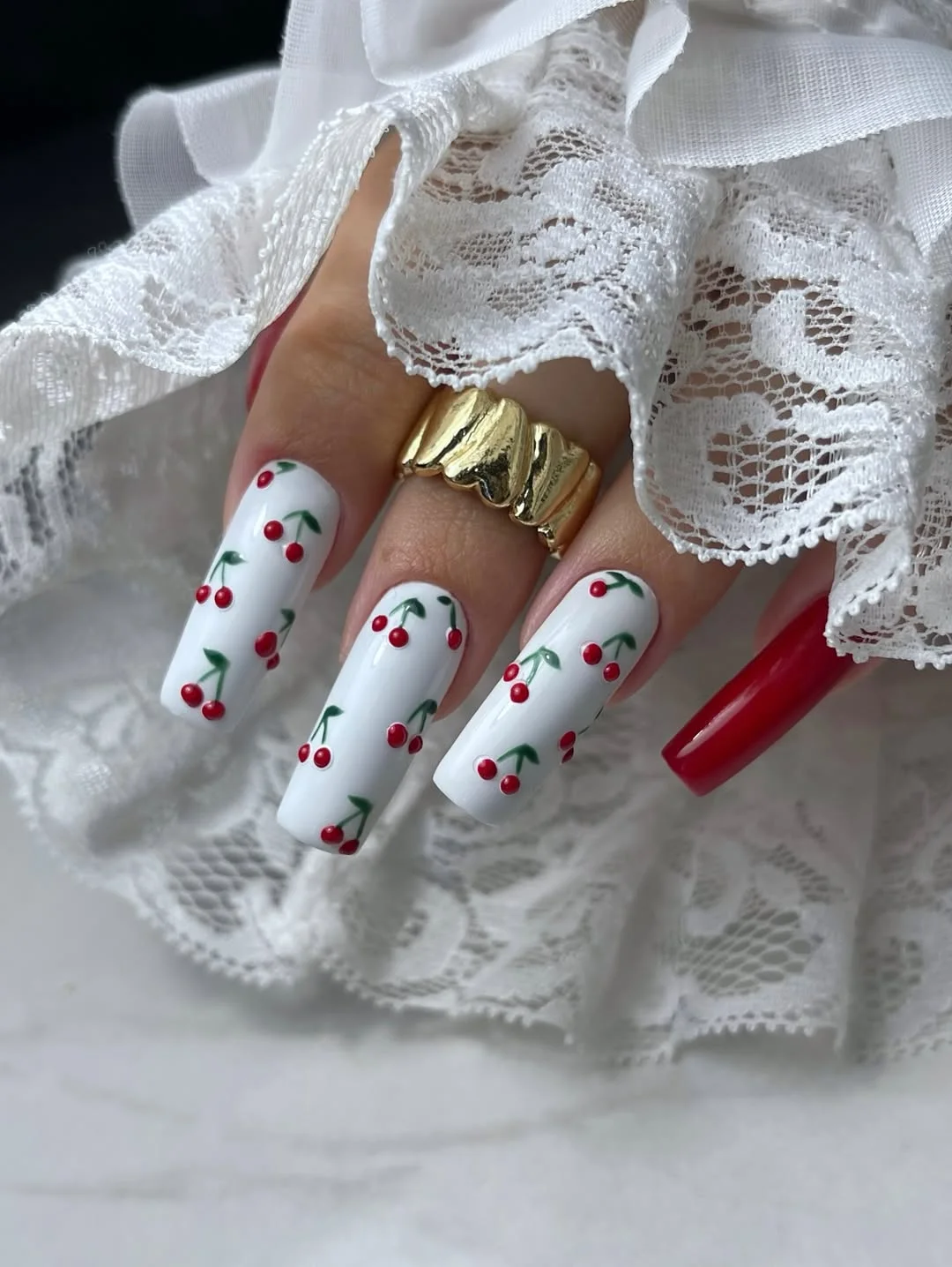 funky summer nails 2026 Cherry Picnic Nails with Retro Charm