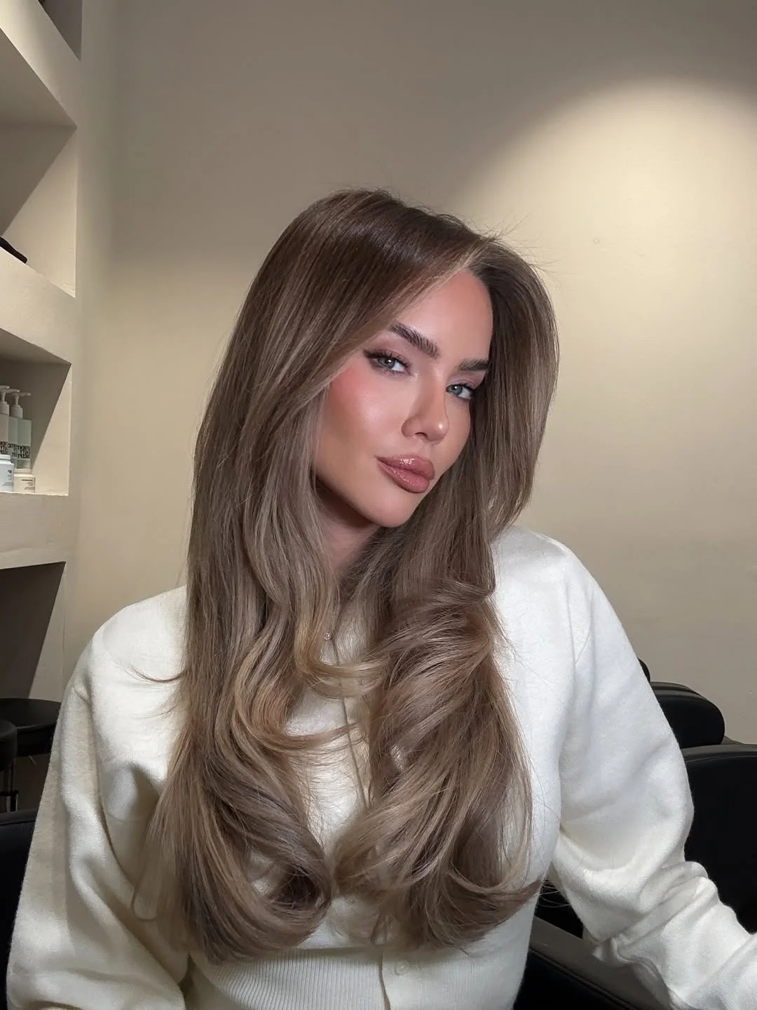 glossy summer hair color for brown skin 2026 Soft Mushroom Brunette With Liquid Gloss Finish