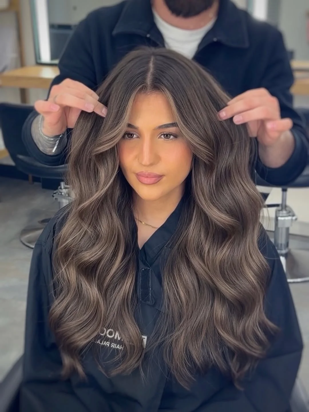 glossy summer hair color for brown skin 2026 Cool Mushroom Brunette With Luxury Soft Waves