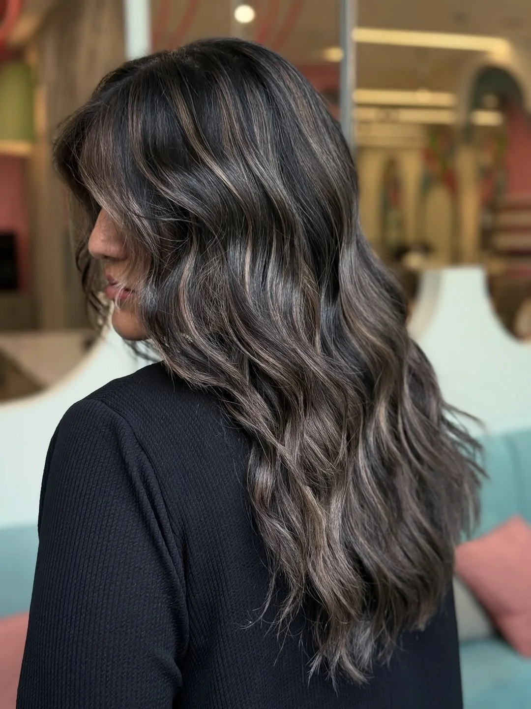 glossy summer hair color for brown skin 2026 Smoky Mocha Waves With Cool Brunette Dimension