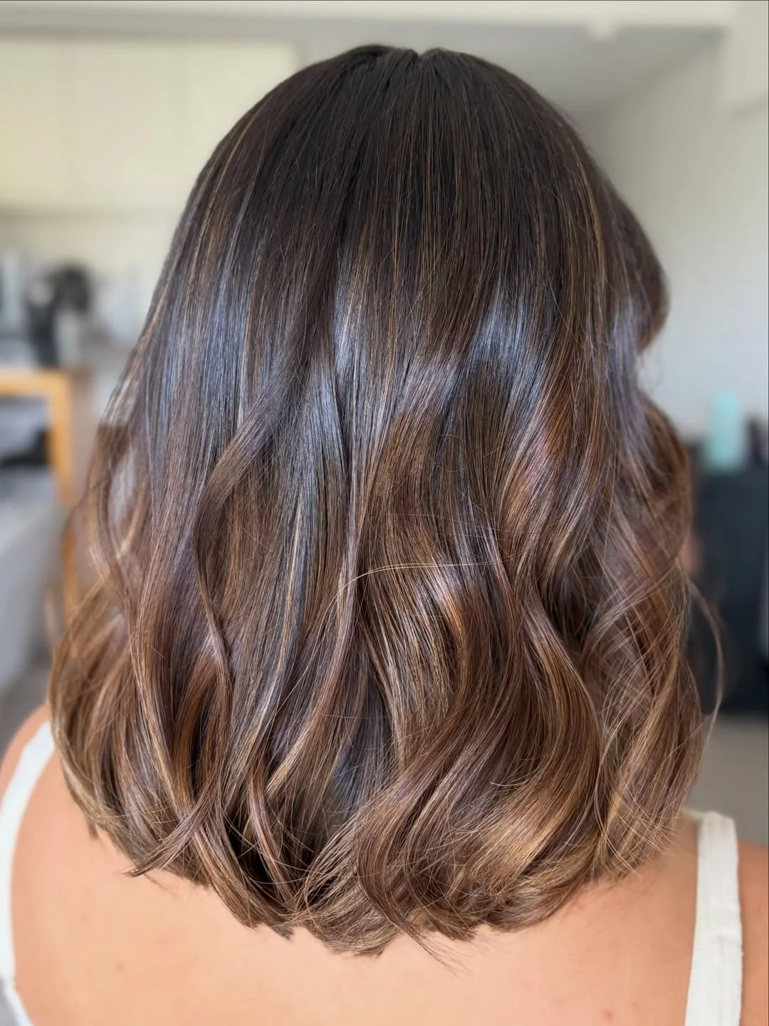 glossy summer hair color for brown skin 2026 Glossy Cocoa Bob With Melted Caramel Dimension