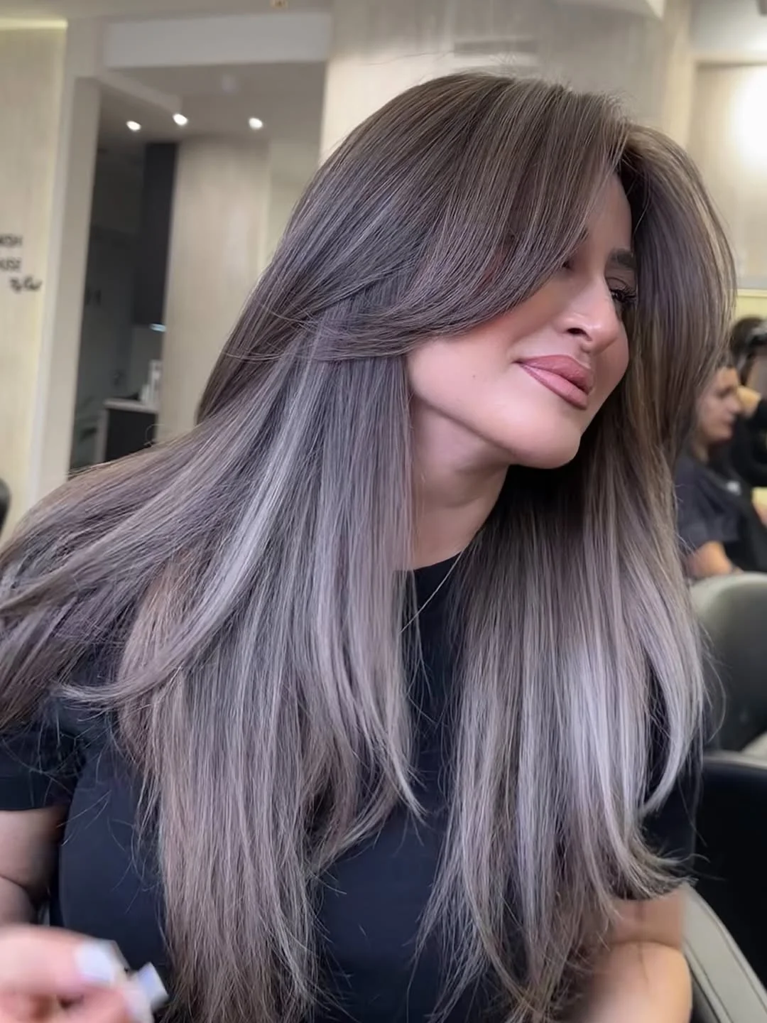 glossy summer hair color for brown skin 2026 Silver Taupe Brunette With Icy Gloss Finish