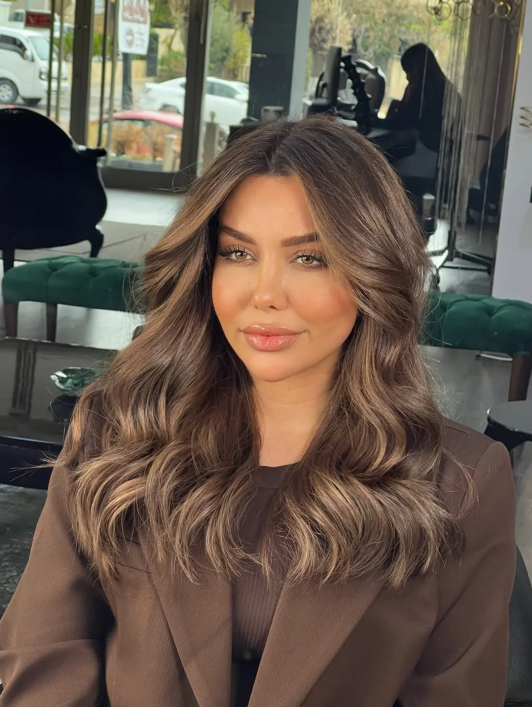 glossy summer hair color for brown skin 2026 Dimensional Latte Brunette With Soft Summer Ribbons