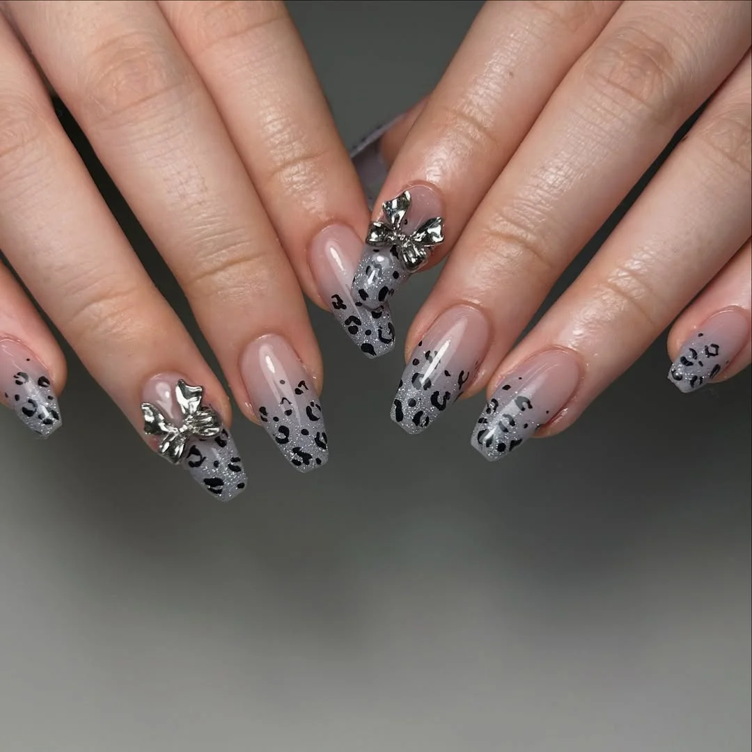June Nail Colors ideas Smoky Leopard Glitter Nails With Statement Silver Bows