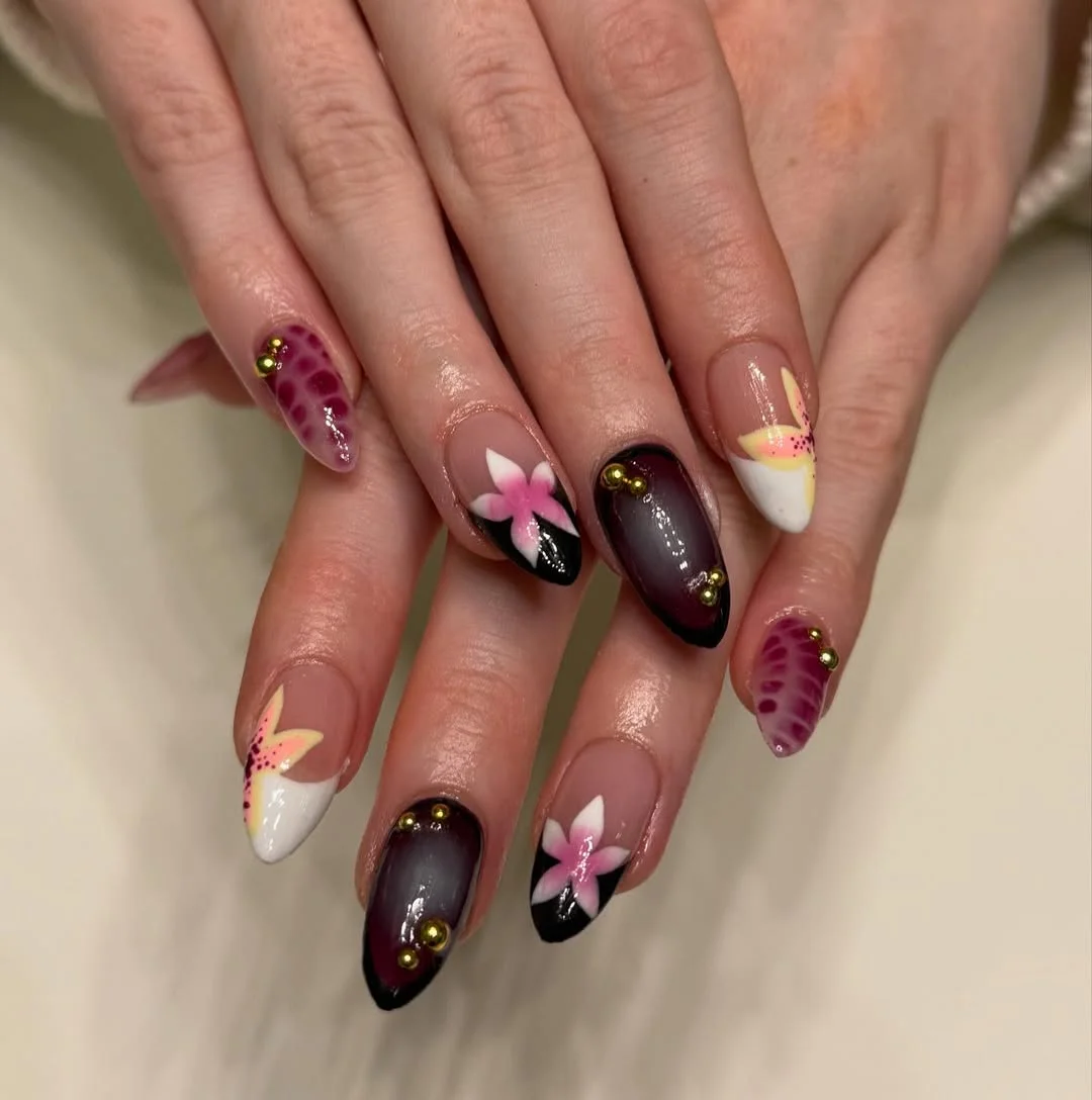 June Nail Colors ideas Dark Floral Aura Nails With Romantic Evening Drama