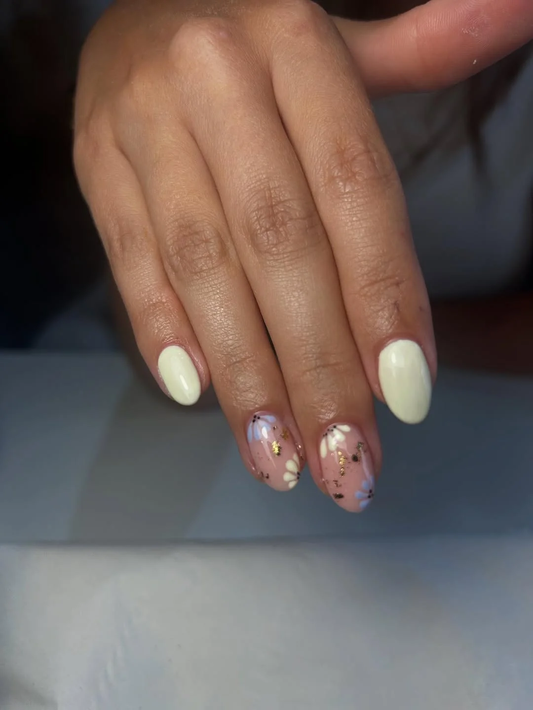 June Nail Colors ideas Soft Daisy Milk Nails With Tiny Gold Details