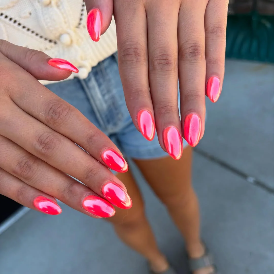 June Nail Colors ideas Hot Coral Chrome Nails That Practically Glow In The Sun