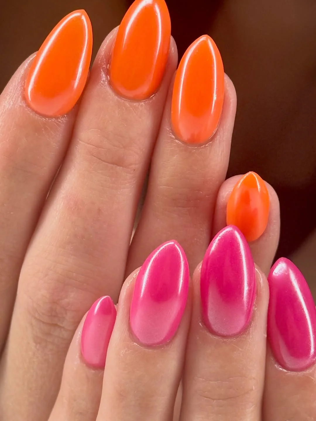 June Nails Ideas 2026 Hot Pink And Neon Orange Aura Nails