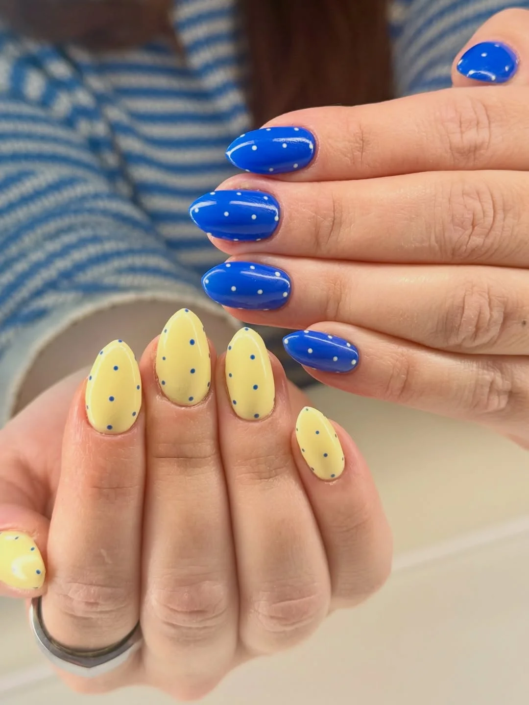 June Nails Ideas 2026 Blue And Butter Yellow Polka Dot Nails