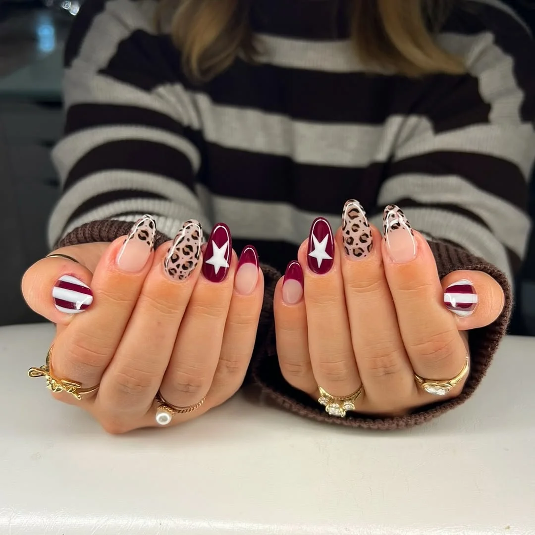 June Nails Ideas 2026 Burgundy Star Nails With Leopard Print