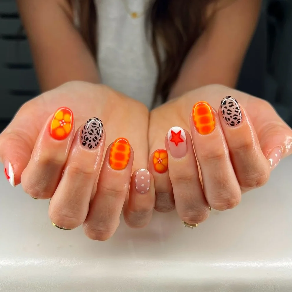 June Nails Ideas 2026 Neon Orange Grid Nails