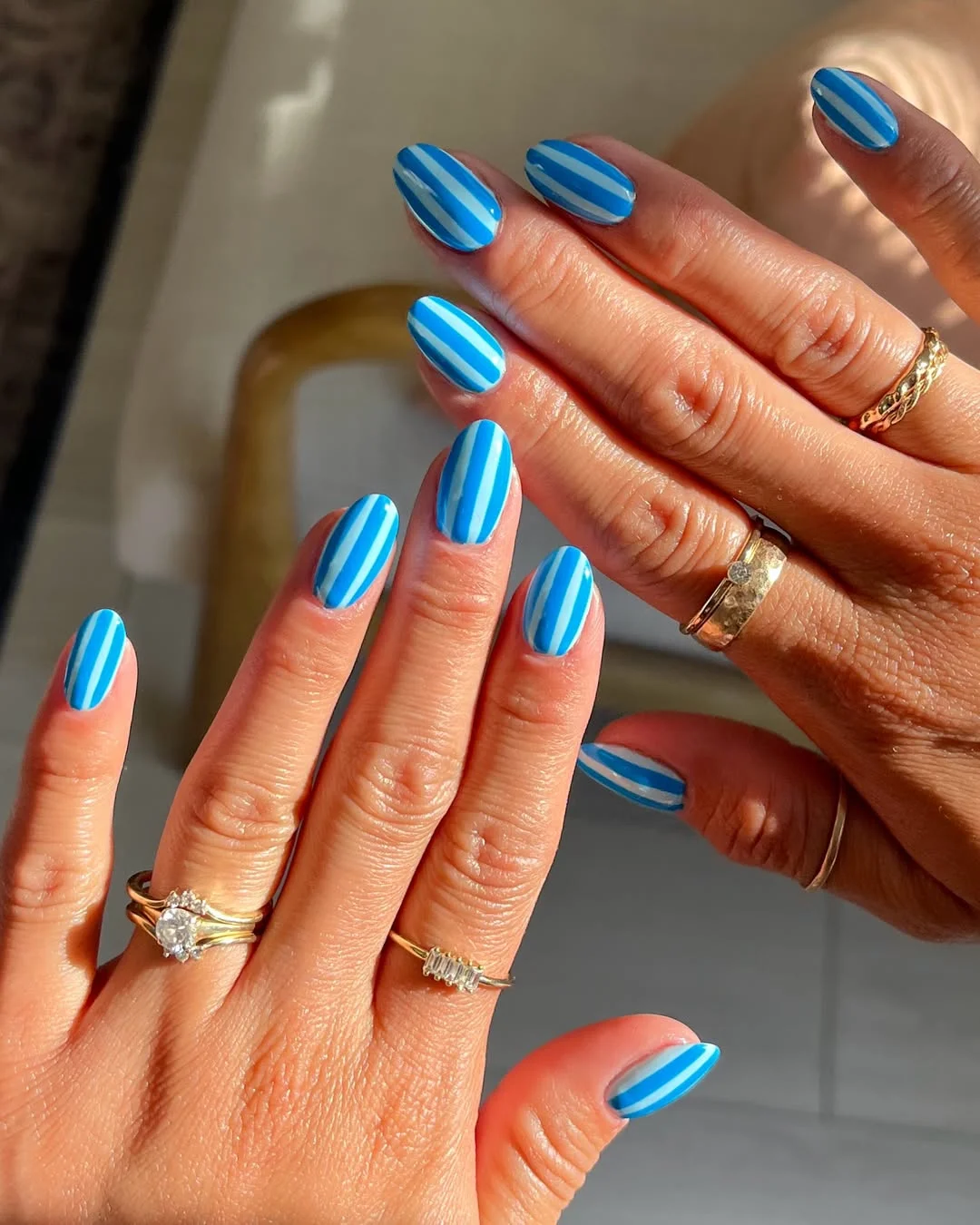 June Nails Ideas 2026 Sky Blue Stripe Nails