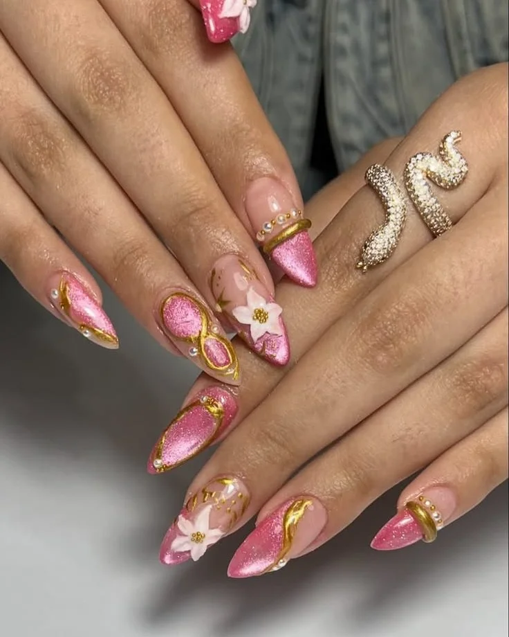 June Nails Ideas 2026 Pink Metallic Glam Nails