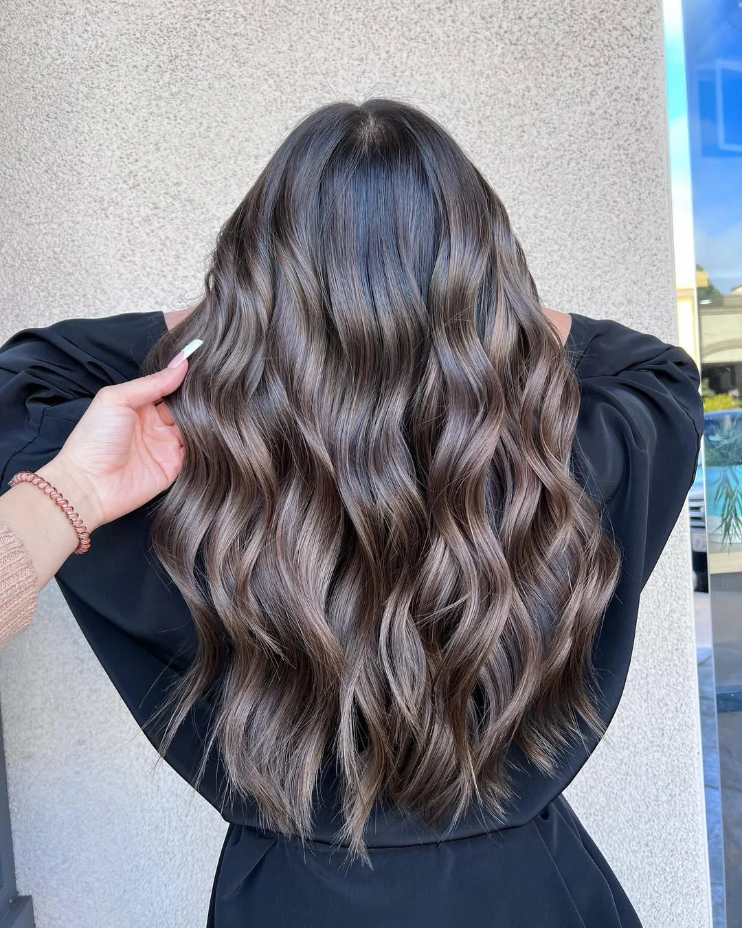 lived-in summer ash brown hair color 2026 Smoky Mushroom Waves With Dimensional Shine