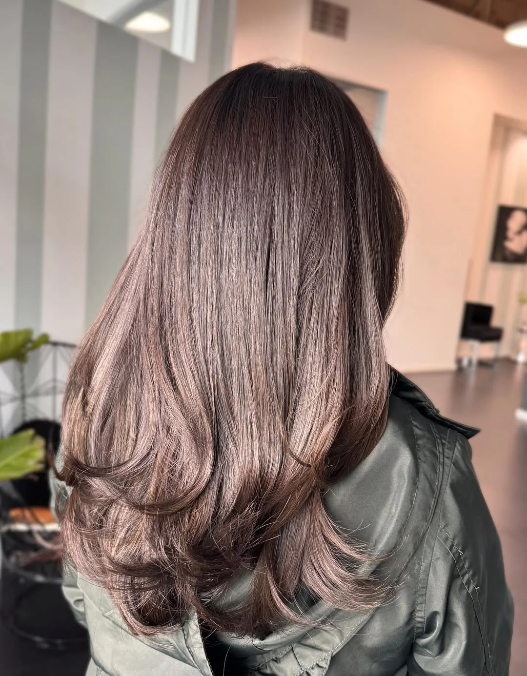 lived-in summer ash brown hair color 2026 Glossed Mocha Ash Layers With Smooth Volume