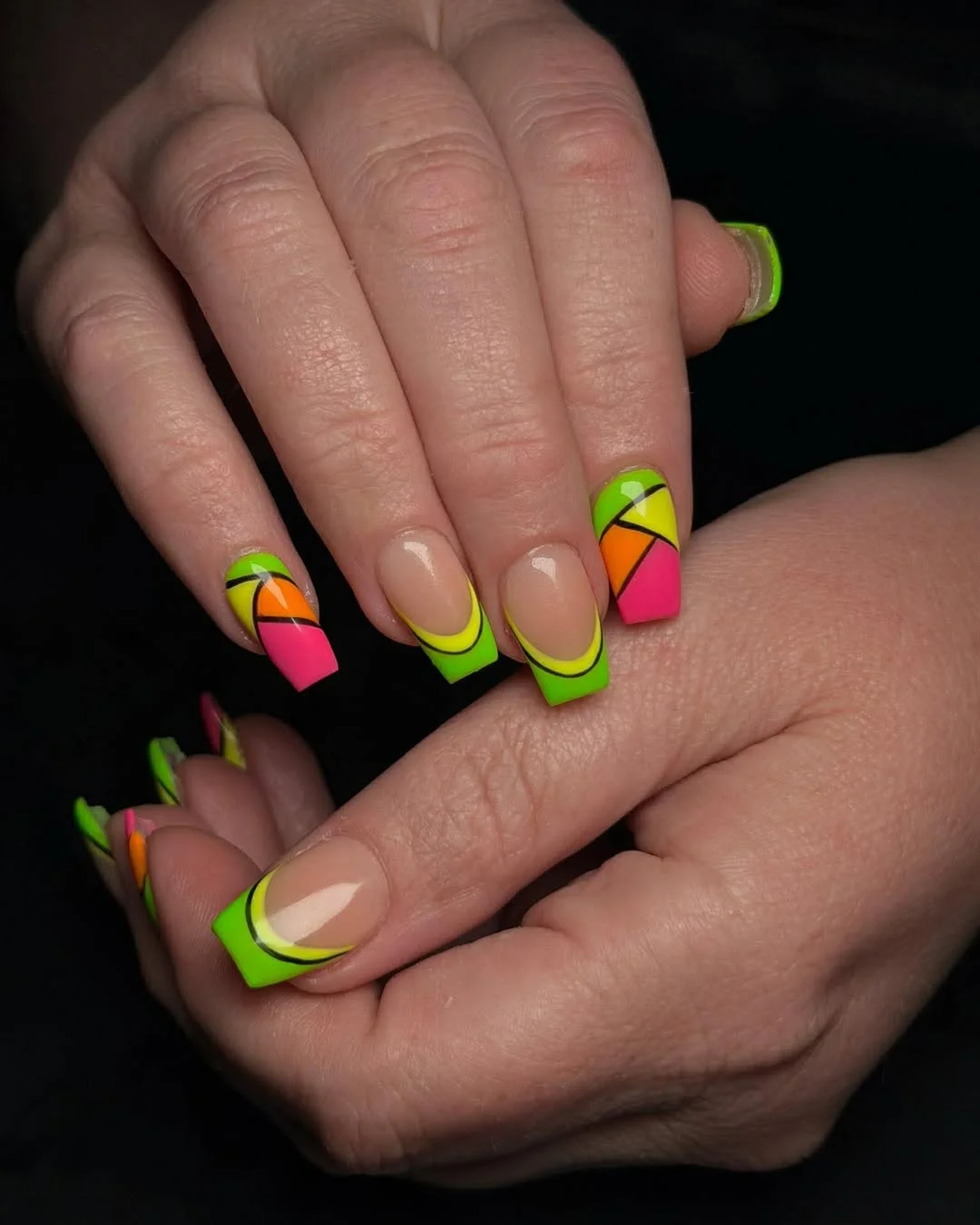 neon summer nails 2026 Graphic Neon French Tips With Retro Color Blocking