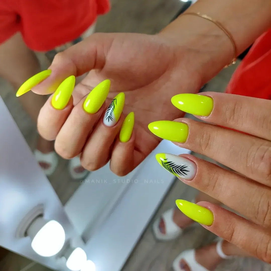 neon summer nails 2026 Tropical Palm Leaf Nails In Electric Citrus Yellow