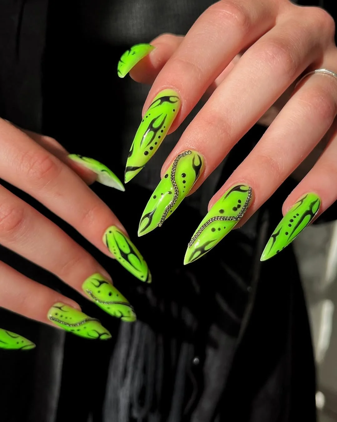 neon summer nails 2026 Edgy Neon Green Flame Nails With Crystal Details
