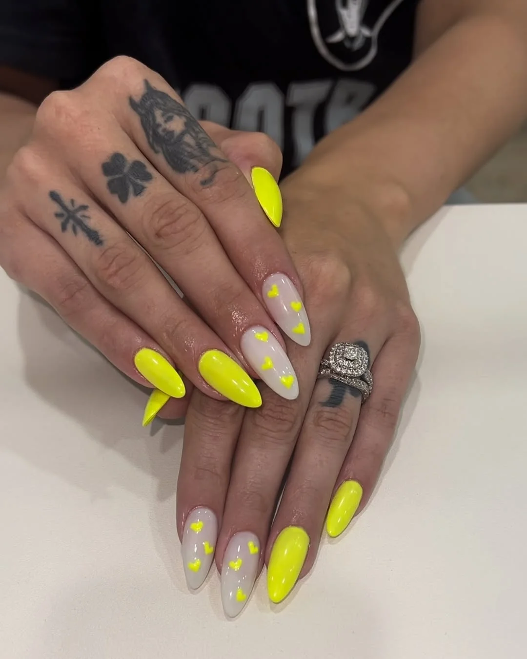 neon summer nails 2026 Soft White And Neon Yellow Heart Nails For Sunny Days