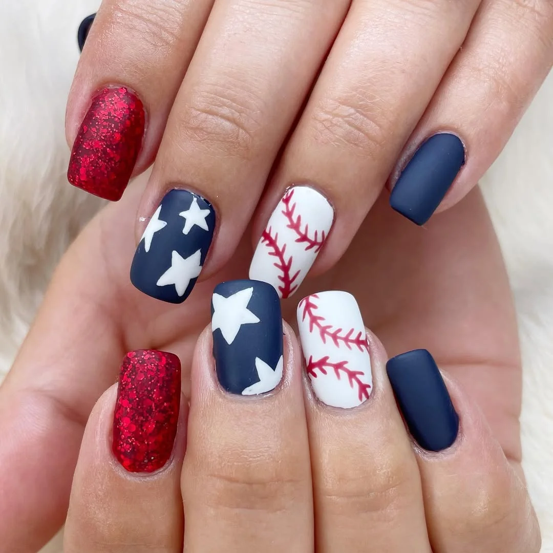 patriotic nails 2026 Baseball Night Patriotic Nails With Matte Navy Accents