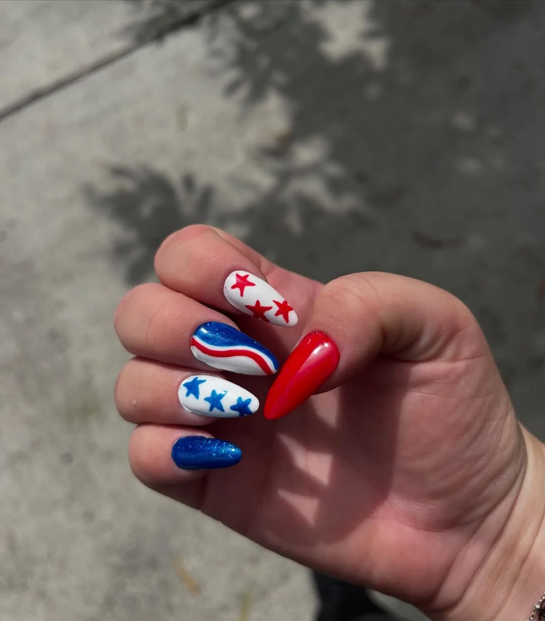 patriotic nails 2026 Star-Spangled Almond Nails With Modern Festival Flair