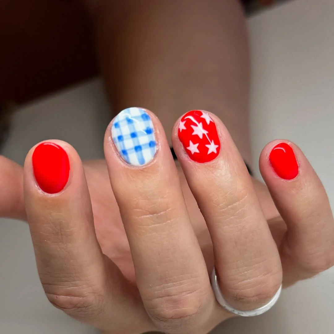 patriotic nails 2026 Picnic-Inspired Short Nails With Playful Americana Charm