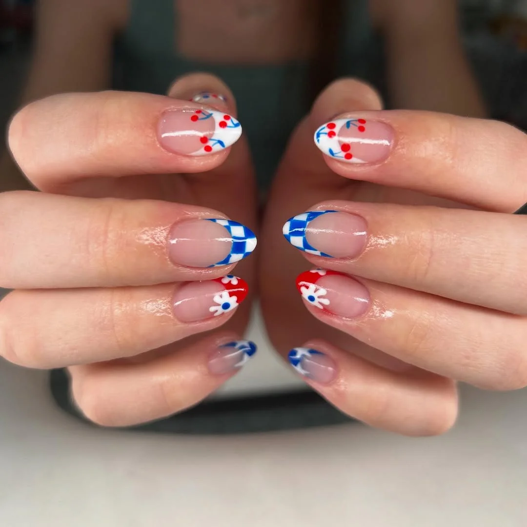 patriotic nails 2026 Cherry Picnic French Tips With Retro Summer Charm