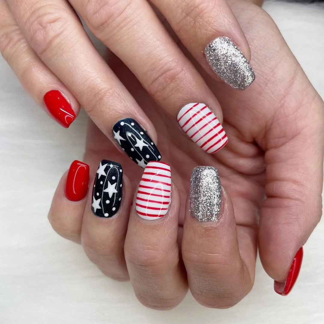 patriotic nails 2026 Silver Sparkle Meets Vintage Americana
