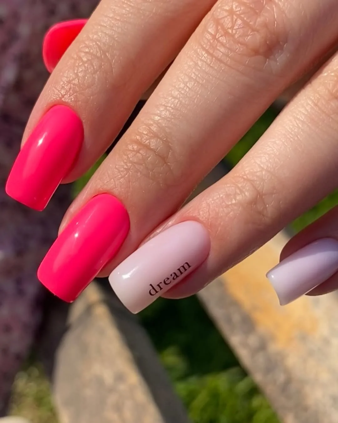 pink summer nails 2026 Neon Pink And Milky White Statement Nails
