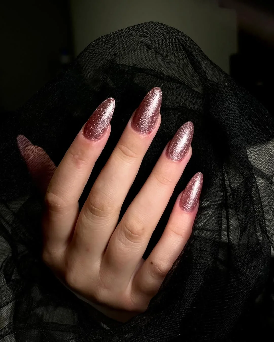 pink summer nails 2026 Rose Gold Chrome Almond Nails For Evening Glamour