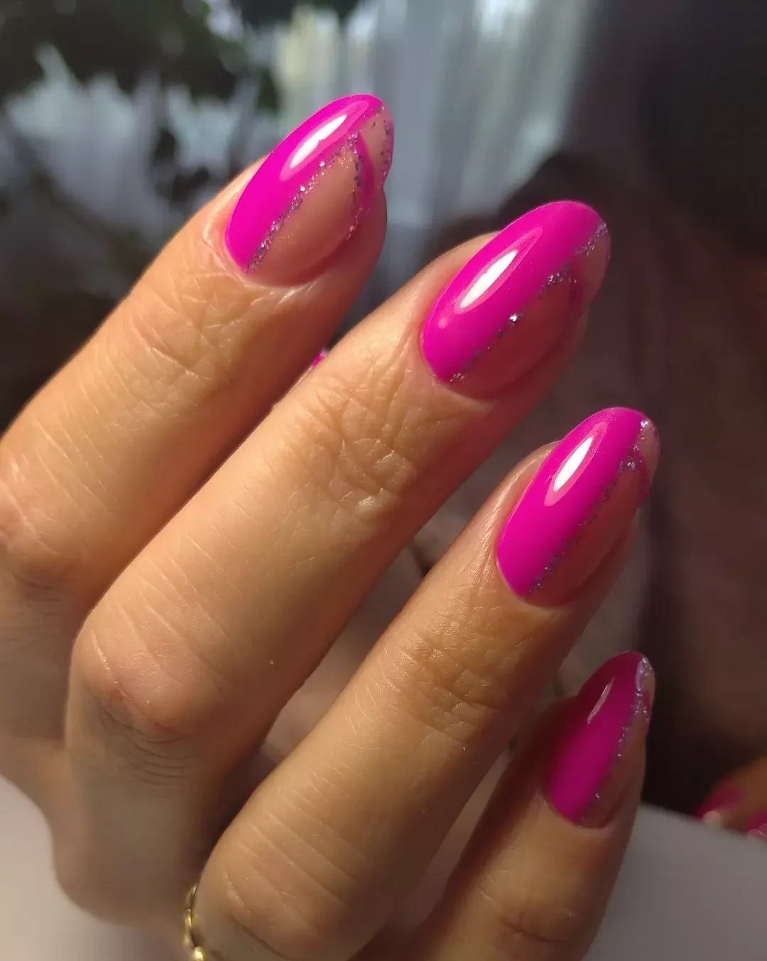 pink summer nails 2026 Glossy Pink Waves With Glitter Contour Details