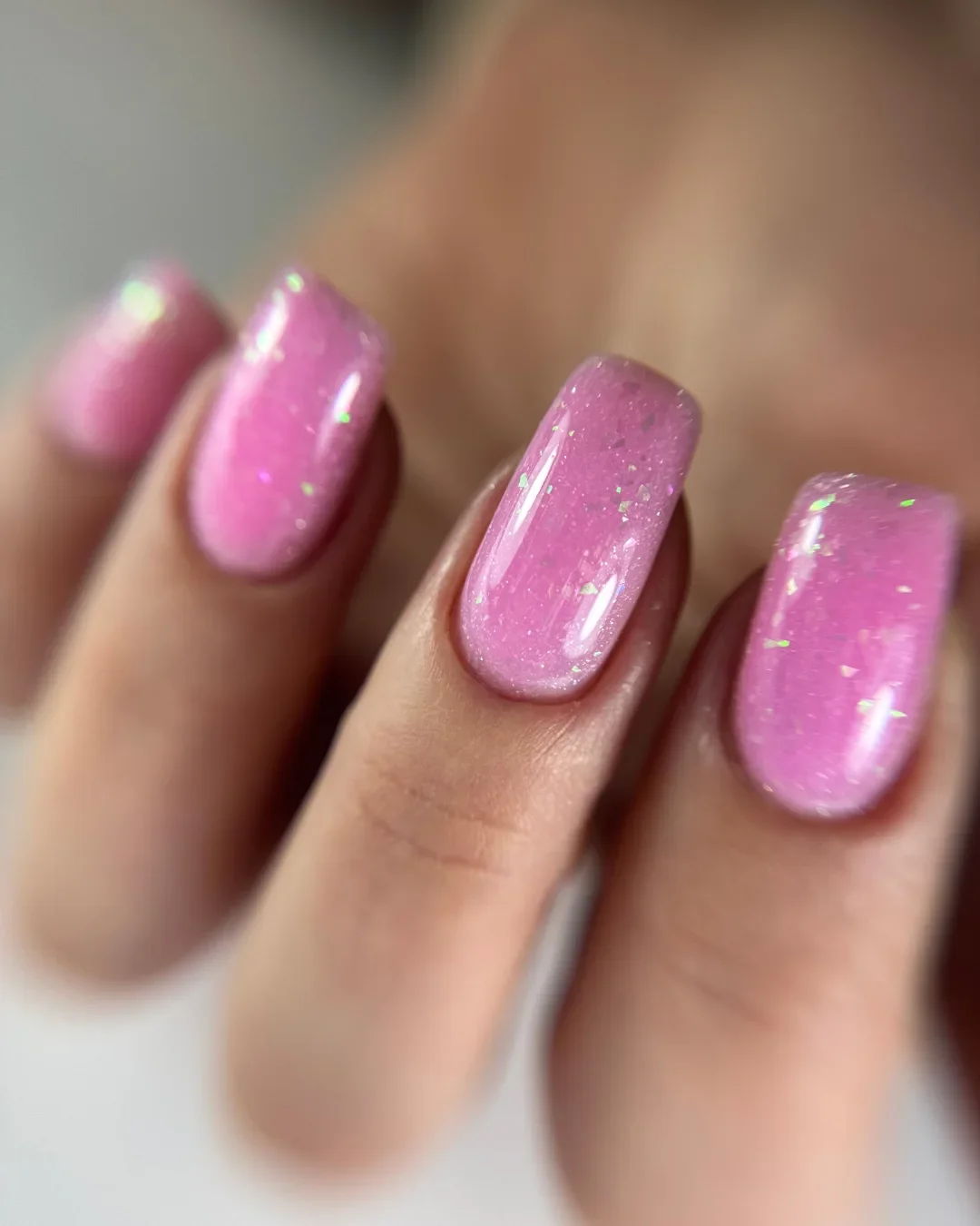pink summer nails 2026 Soft Pink Jelly Nails With Iridescent Sparkle