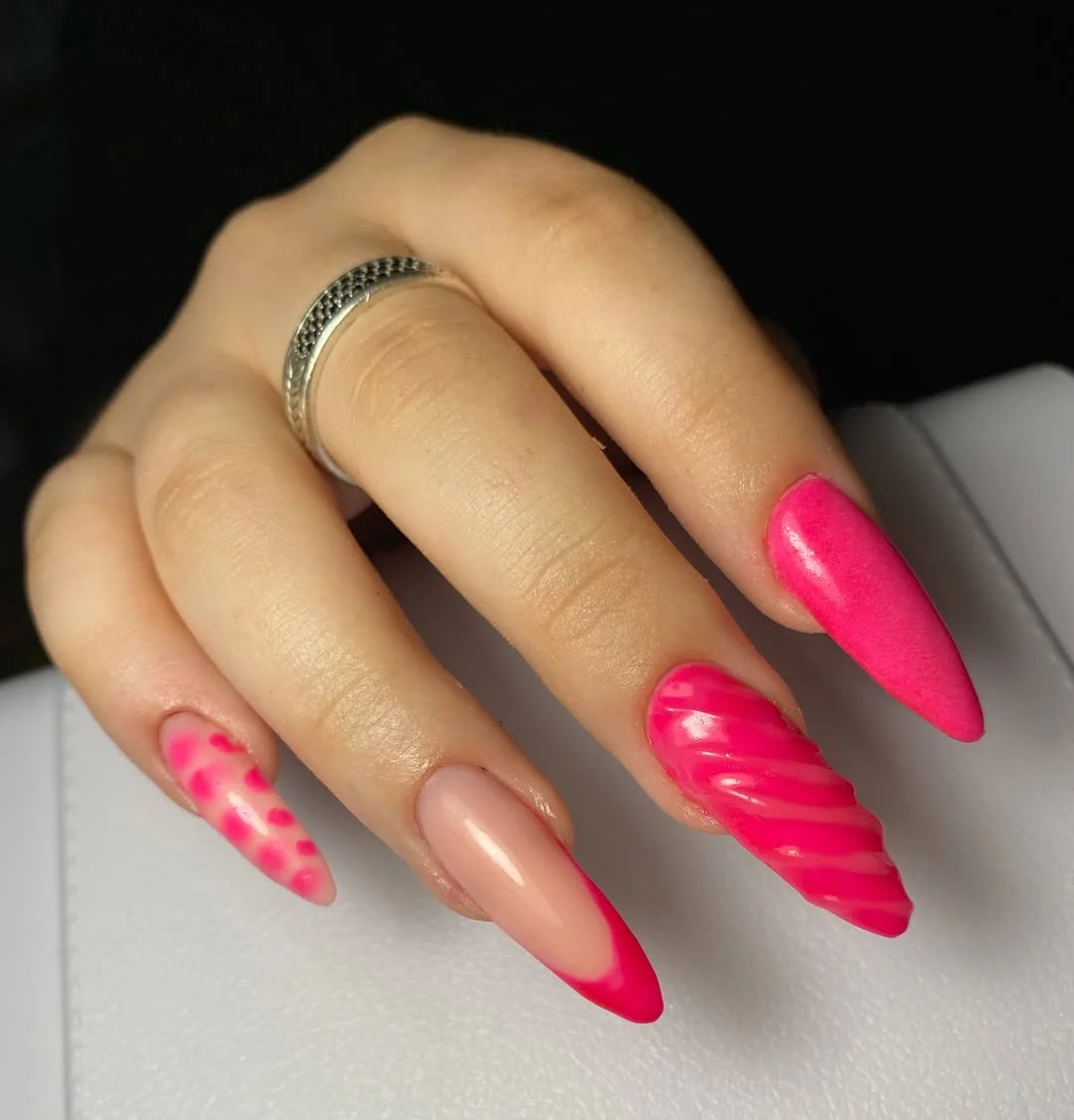 pink summer nails 2026 Bold Neon Stiletto Nails With Playful Texture