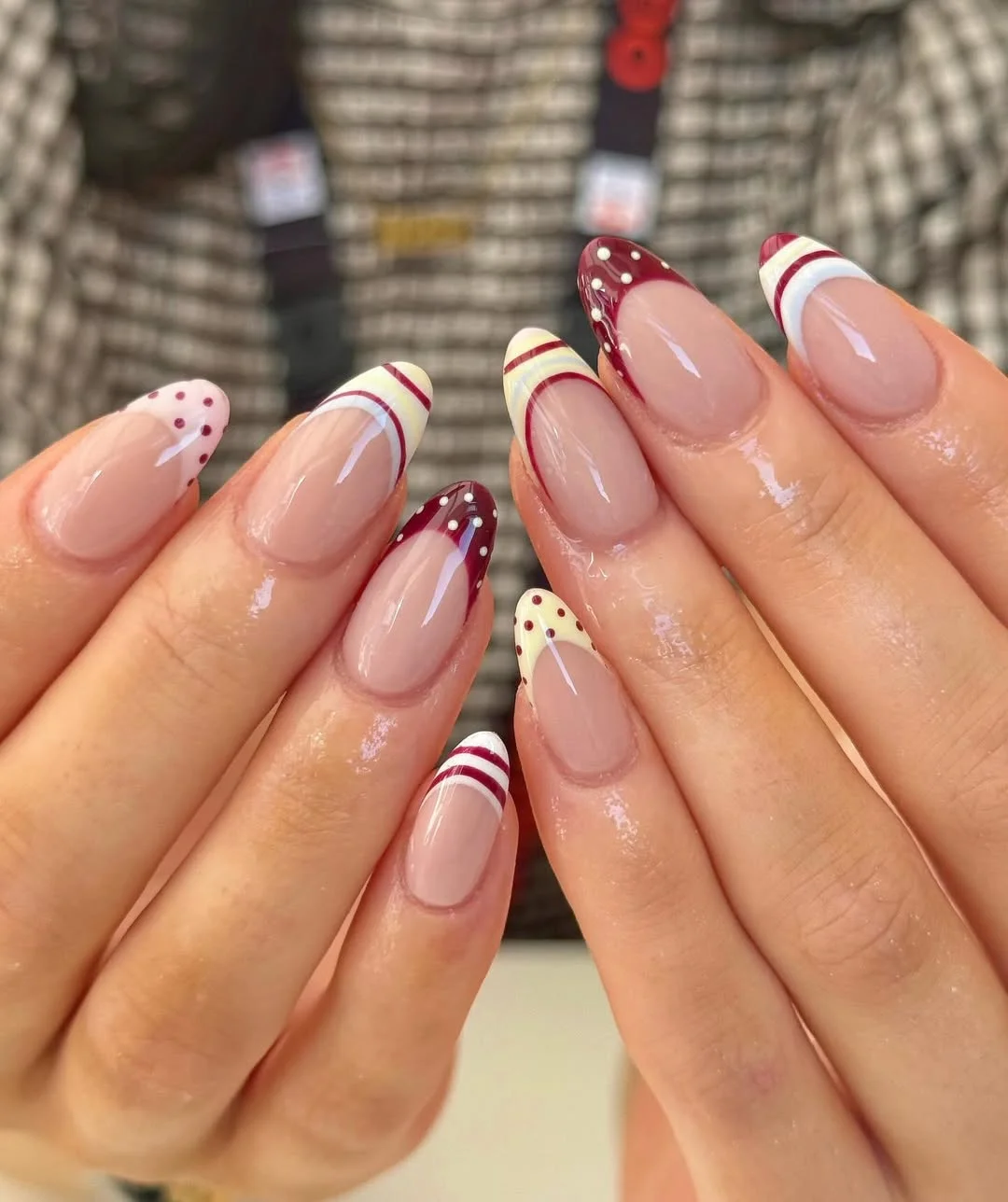 polka dot summer nails 2026 Burgundy Stripes and Dots for a Fashion-Forward Finish