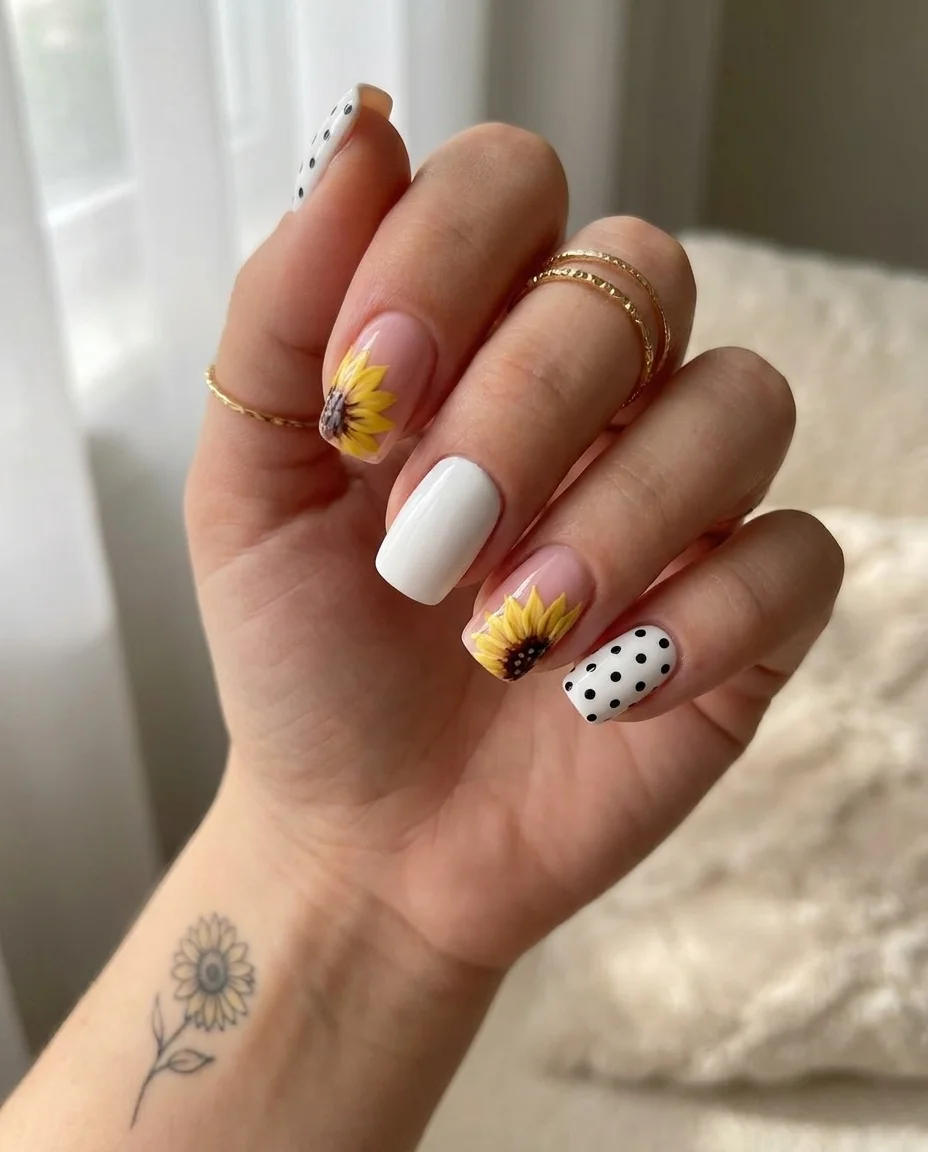 polka dot summer nails 2026 Sunflower Accents and Polka Dot Contrast