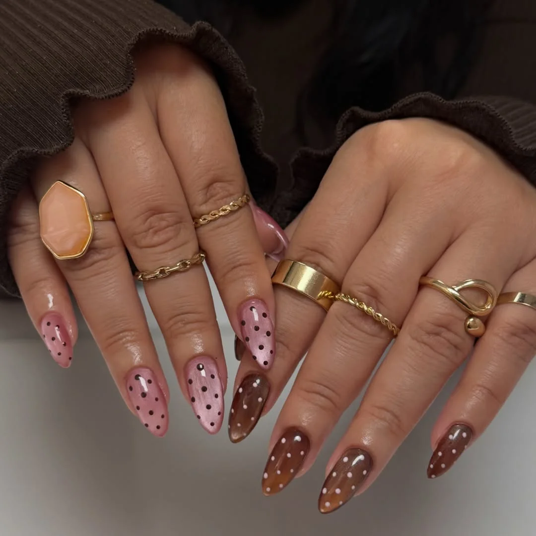 polka dot summer nails 2026 Chocolate and Blush Polka Dots With Rich Summer Warmth
