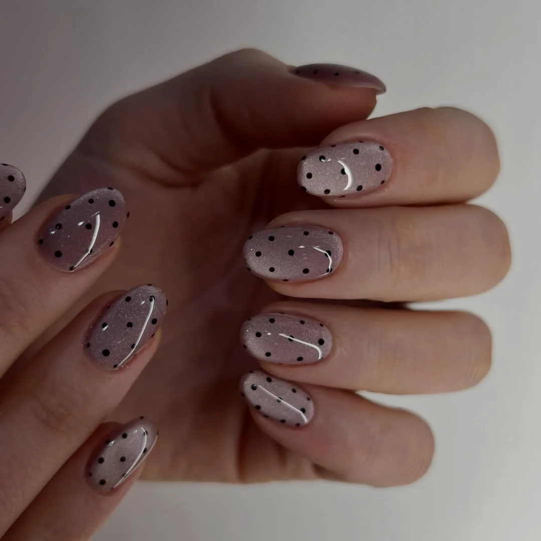 polka dot summer nails 2026 Shimmering Taupe Dots With Subtle Glamour