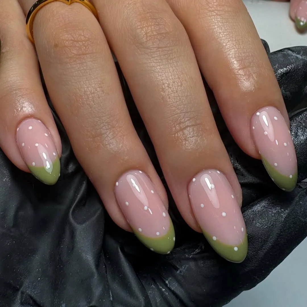 polka dot summer nails 2026 Soft Pistachio French With Tiny White Dots