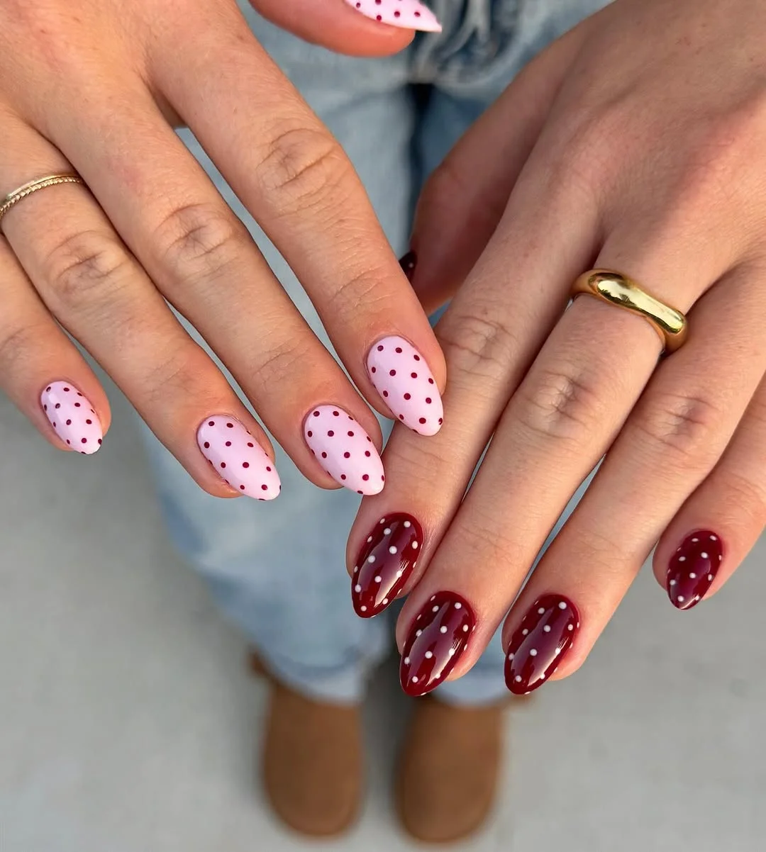 polka dot summer nails 2026 Cherry Red and Blush Polka Dot Contrast