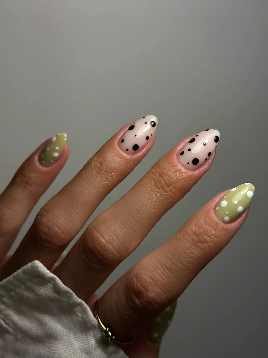 polka dot summer nails 2026 Olive Green and Monochrome Mixed Dots