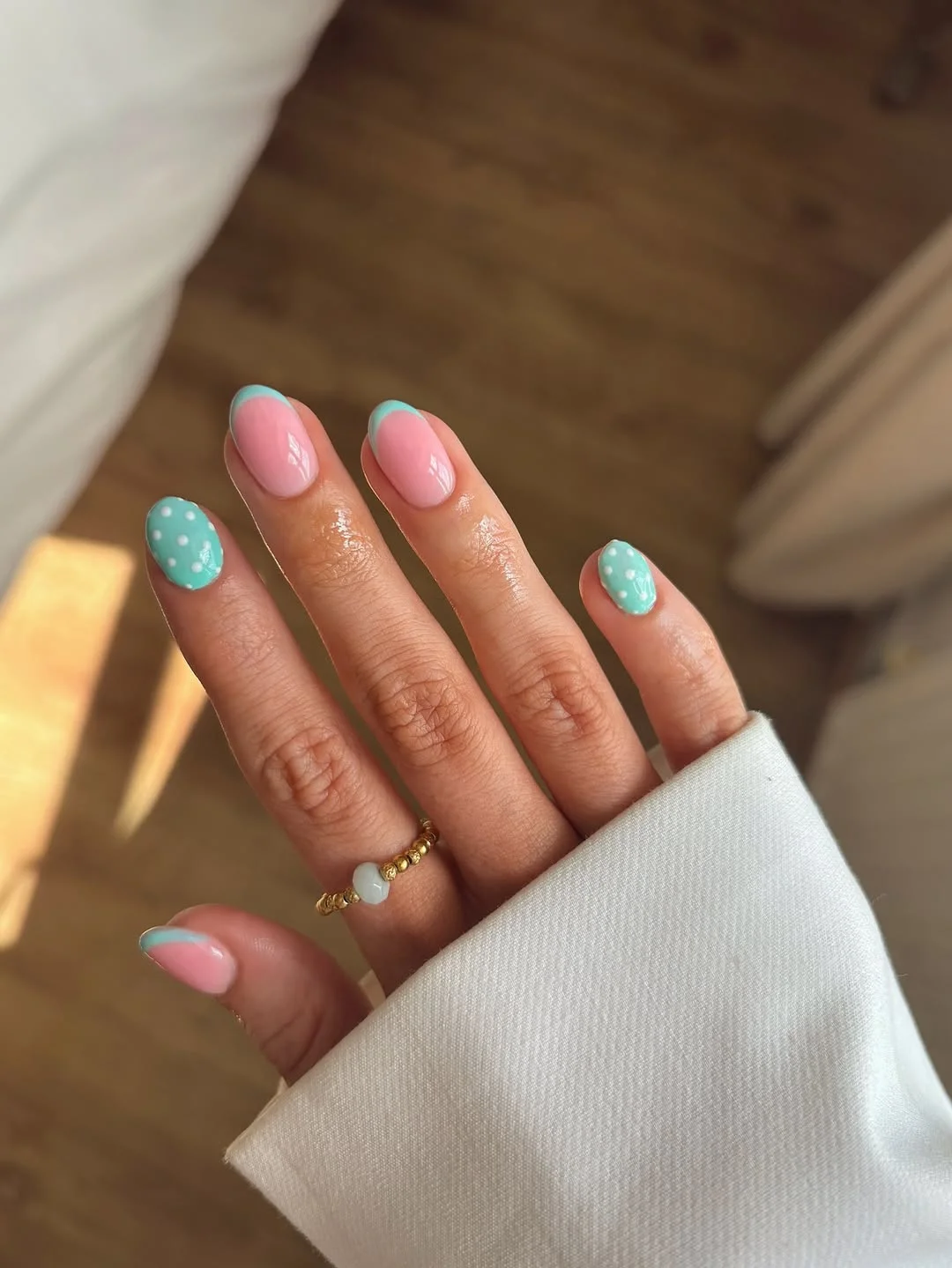 polka dot summer nails 2026 Mint Blue Dots for a Fresh Coastal Mood
