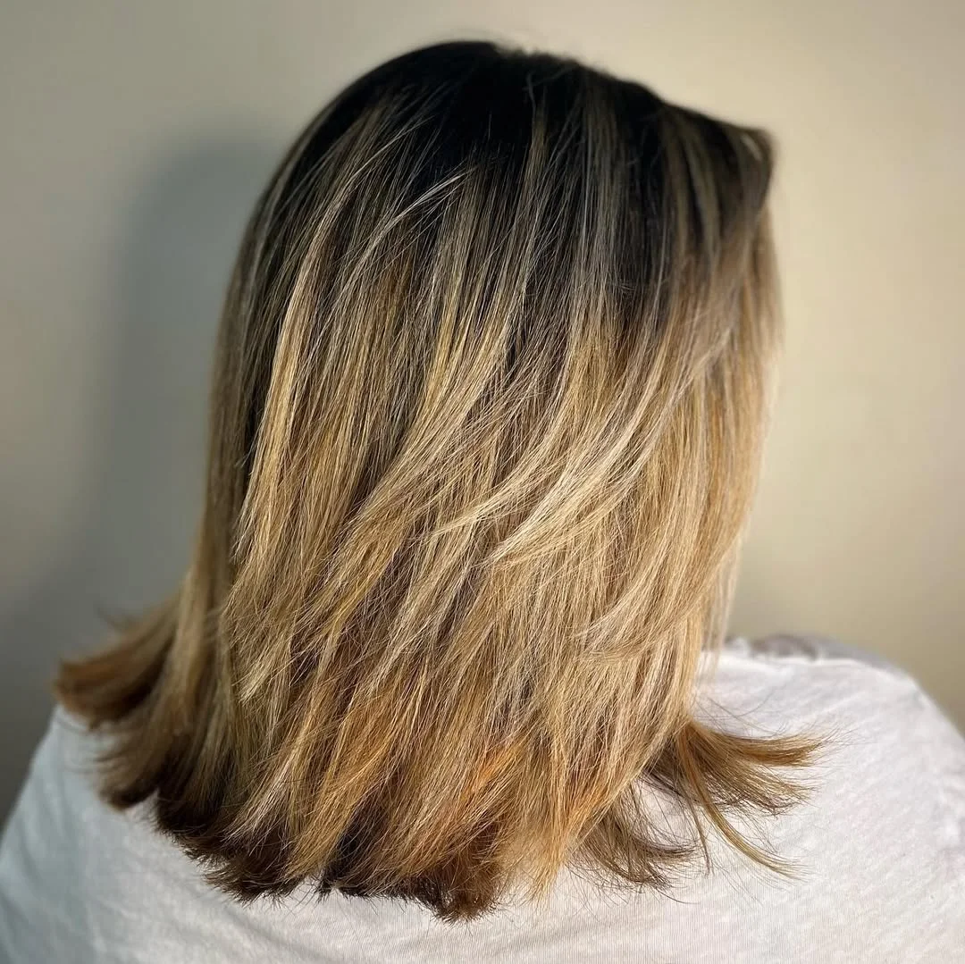 salon summer haircuts for medium hair 2026 Layered Honey Blend with Soft Flicked Ends