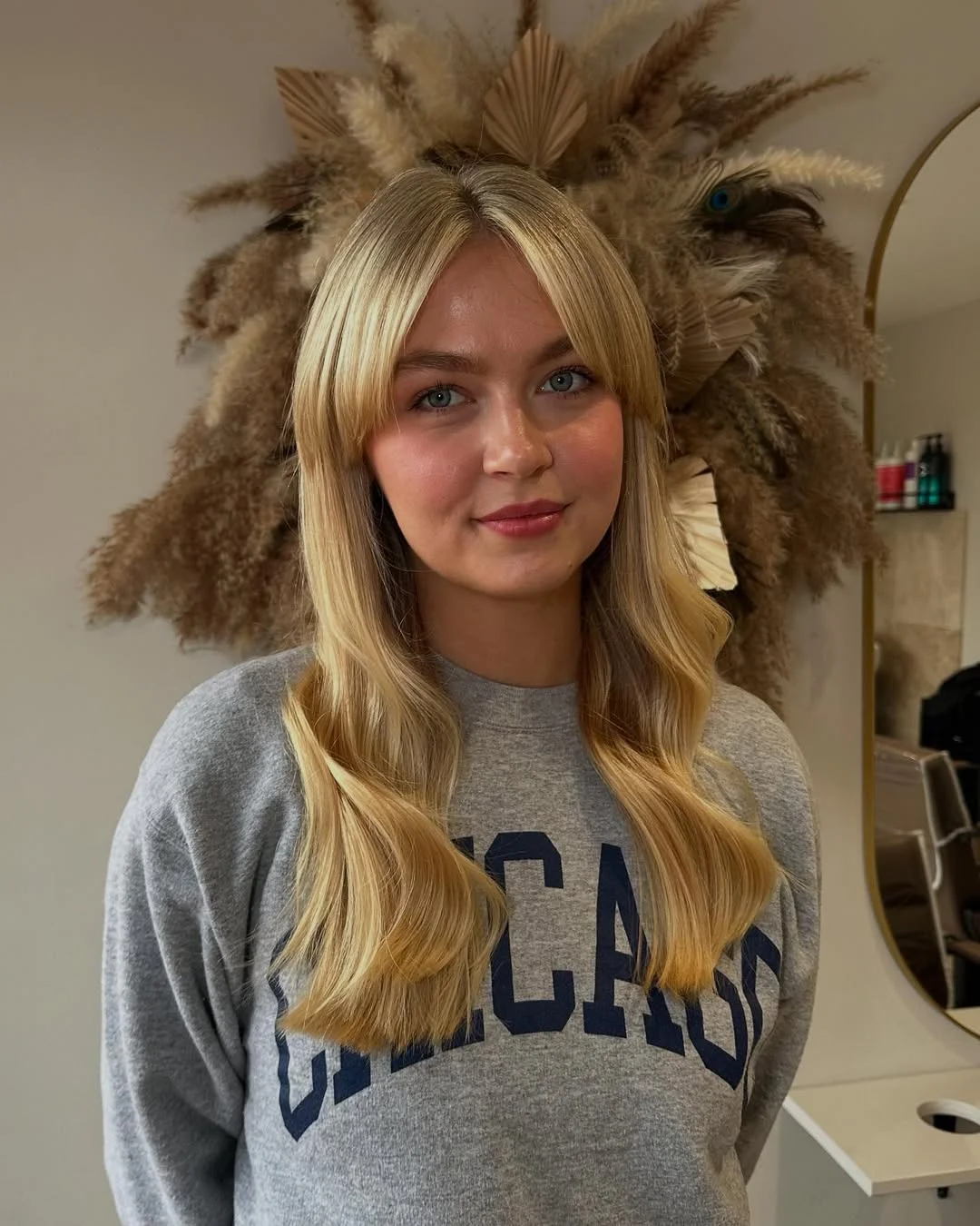 salon summer haircuts with bangs 2026 Golden Blonde Length With Clean Curtain Bangs
