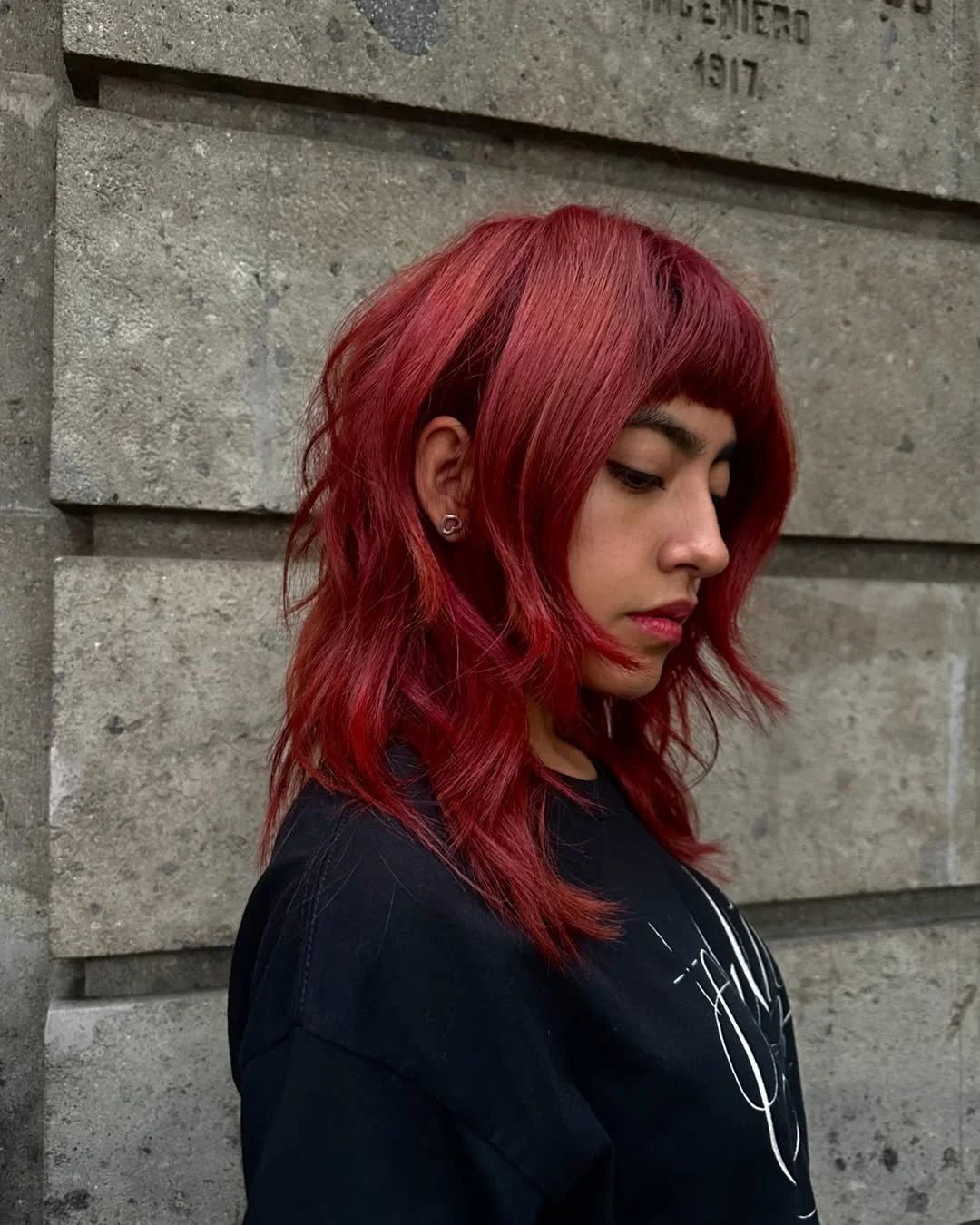salon summer haircuts with bangs 2026 Cherry Red Wolf Layers With Graphic Fringe