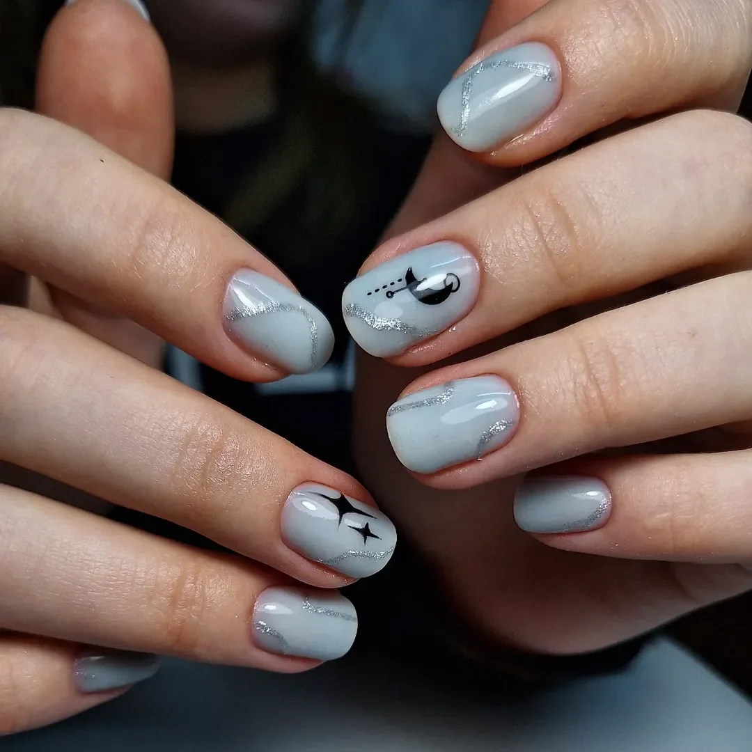 short gel nails summer 2026 Modern Silver Wave Nail Art With Futuristic Minimalism