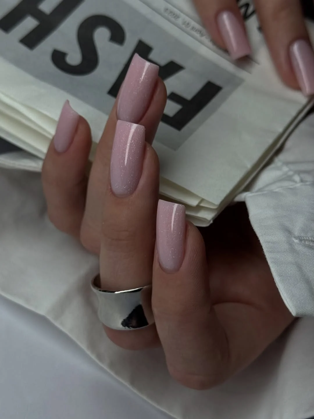 short squoval nails design 2026 Shimmering Blush Nails with Quiet Luxury Appeal