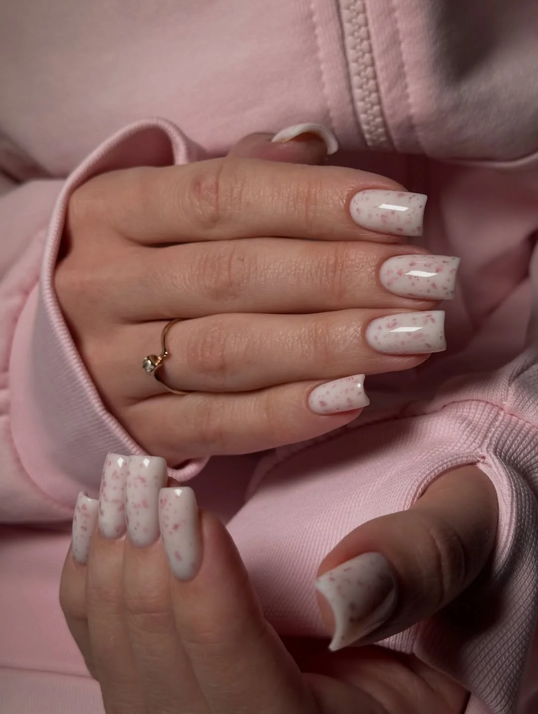 short squoval nails design 2026 Pink Speckled Milk Nails with a Sweet Modern Twist