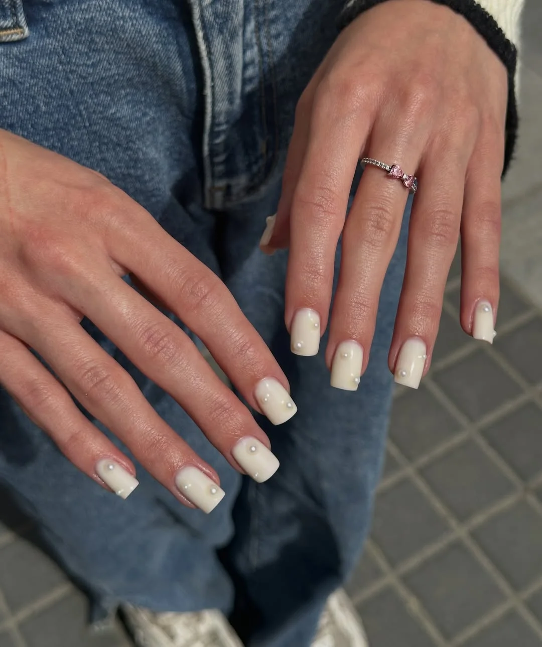 short squoval nails design 2026 Clean Ivory Minimalism with Delicate Pearl Details