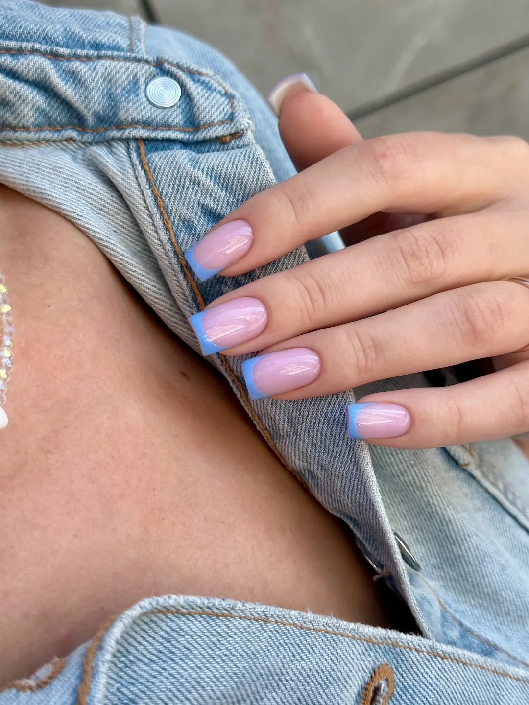 short squoval nails design 2026 Pastel Blue French Tips with a Summer Glow