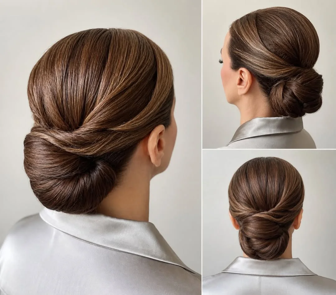 stylish summer updo hairstyles 2026 Classic Low Chignon With Sleek Espresso Shine